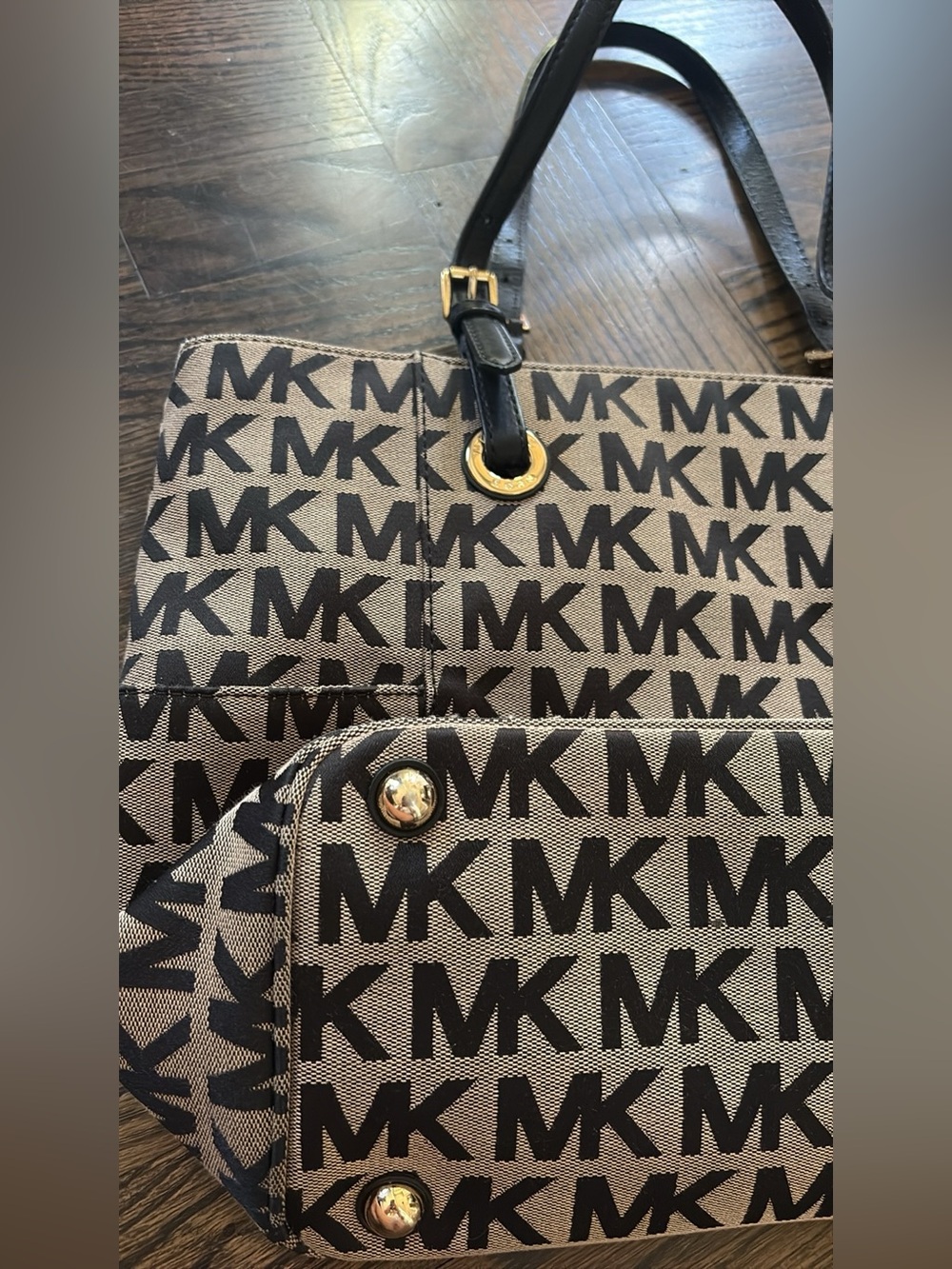 Michael Kors Black and Beige MK Logo Shoulder Tote